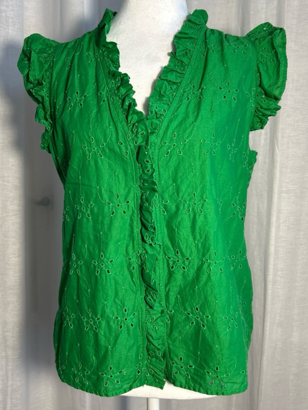 J. Crew Bright Green Eyelet Ruffle Shell